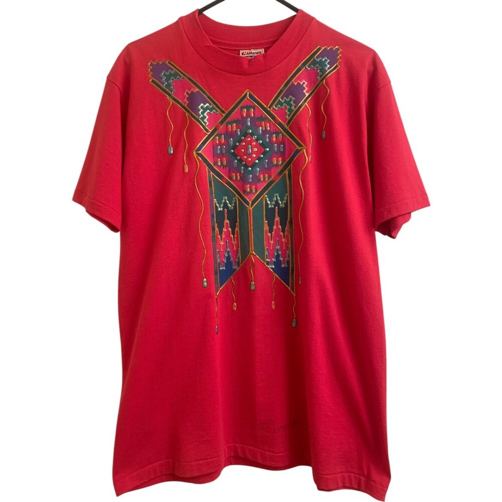 Hanes 50/50 Pink Raspberry Aztec Puffy Paint T-Shirt Large Womens Art to Wear